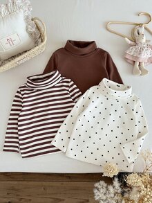 SHEIN Vintaside Kids 3件組幼兒女嬰高領上衣 可愛學院風 棕色白色波點條紋 長袖高領 常規版 生日派對 秋冬毛衣 - 彩色 - 查看 3