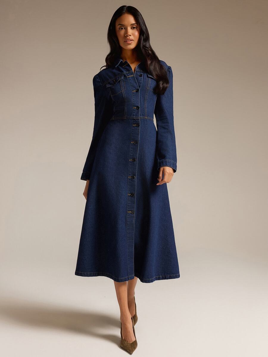 COSMINA Denim Women's Casual Elegant Commute Denim Dress - Blue - View 1