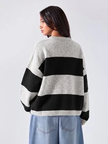 LYSMO Women's Round Neck Drop Shoulder Long Sleeve Casual Loose Striped Sweater - Multicolor - View 2