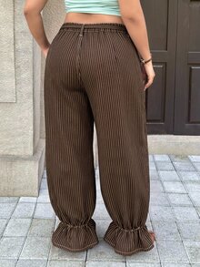 Rivivi 大尺碼女款無彈力丹寧翻邊咖啡棕條紋燈籠褲 牛仔風女裝套裝 - 咖啡棕 - 查看 2