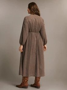 Freevana Plus Size Women's Autumn/Winter Plaid Long Sleeve Casual Elegant Dress - Brown - View 2