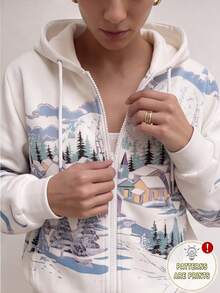 SHEIN EZwear 女款休閒寬鬆雪景印花連帽拉鍊長袖運動衫，秋冬風格，適合日常通勤、約會、聚會、秋冬、夏季、派對、婚禮、海灘、畢業典禮等場合，優雅休閒，適合出遊，Y2K風格，音樂節 - 彩色 - 查看 5
