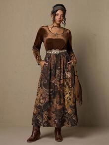 Freevana 2 In 1 Velvet Maxi Dress With Paisley Skirt, Boho Layered High-Waist Long Sleeve For Autumn - Brown - View 4