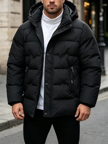 Manfinity Homme Men's Button & Zipper Pocket Long Sleeve Hooded Padded Coat, Halloween Gift - Black - View 3