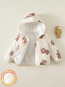 SHEIN 男女嬰兒/幼兒秋冬保暖加厚可愛熊圖案連帽填充外套，嬰兒冬季外套，抓絨加厚填充外套 - 杏色 - 查看 3