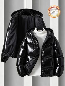 SHEIN Teen Boy Solid Color Long Sleeve Zip-Up Casual Hooded Winter Jacket - Black - View 2