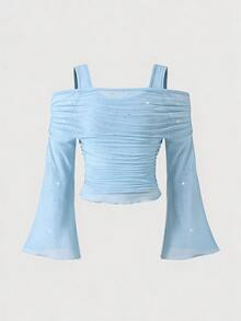 SHEIN Elladie kids 女童春秋新款背心內搭二合一露肩亮片網紗長袖上衣，時尚優雅甜美可愛 - 藍色 - 查看 3