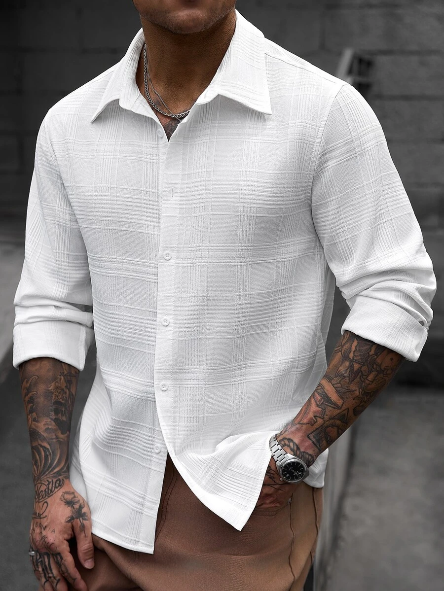 Manfinity CasualCool 男士白色長袖襯衫,適合萬聖節、聖誕節,新年最佳禮物 - 白色 - 查看 1