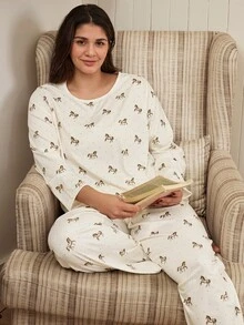 Doze Lane طقم بيجامة نسائي مقاس كبير كاجوال بطبعة شاملة وأكمام طويلة وبنطال طويل - لون مشمشي - مشاهدة 1