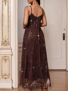 Fleurora Women's Luxury Delicate Sequin Spaghetti Strap Dress - Brown - View 2