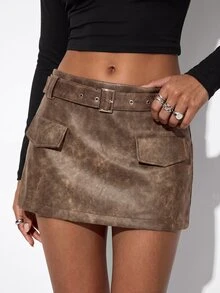 Aveloria GENKIRA Fall Coffee Brown Distressed Washed PU Leather Belt Decor Metal Buckle Elegant Grunge Design Low Waist Classic A-Line Mini Skirt Women's Skirt - Multicolor - View 2