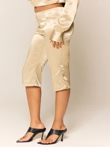 MUSERA Metallic Satin Low Rise Fitted Flare Coord Trouser Sexy Evening Night Going Out Fall Winter Autumn Solitude - Khaki - View 3