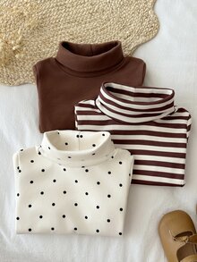 SHEIN Vintaside Kids 3件組幼兒女嬰高領上衣 可愛學院風 棕色白色波點條紋 長袖高領 常規版 生日派對 秋冬毛衣 - 彩色 - 查看 10