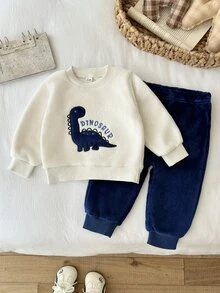 SHEIN Vintaside Kids 2件組幼兒男童衛衣長褲套裝，可愛白色藍色恐龍刺繡，毛絨絨長袖圓領加厚，冬季派對度假裝備 - 藏蓝色 - 查看 6