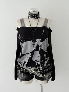Sunspun Plus Size Women Skull Print Cold Shoulder Long Sleeve Casual Fashion T-Shirt - Black - View 5
