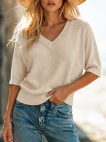 Linhara CURVE ملابس علوية نسائية مقاس كبير بلون موحد بياقة على شكل حرف V وأكمام خفاشية كاجوال من الصوف المحبوك - بيج - مشاهدة 5