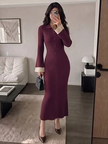 Modelyn Women's Colorblock Casual Everyday Knit Dress - Burgundy - View 6