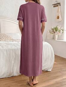 Moonlight&Mama Solid Color Comfortable Fabric Letter Print MAMA Front Pocket Button-Up Short Sleeve Maternity Long Dress Nightgown - Red Violet - View 2