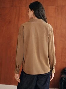 Anewsta Autumn Khaki Color Fashion Modern Commute Casual Patchwork Beaded Decor Corduroy Women's Shirt - Khaki - View 7