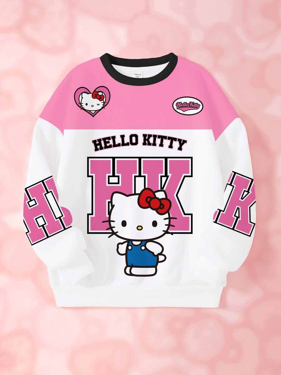 HELLO KITTY AND FRIENDS | SHEIN بلوزة رياضية كاجوال بطبعة كرتونية وحروف بياقة دائرية وأكمام طويلة للفتيات المراهقات - أبيض - مشاهدة 1