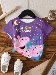 Peppa Pig X SHEIN 女童字母卡通印花圓領短袖休閒T恤 - 白色 - 查看 6