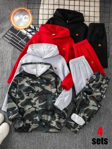 SHEIN 6件組兒童青少年男孩休閒極簡時尚運動酷感迷彩、黑色、灰色、紅色套頭衛衣、長袖運動長褲、短褲套裝，適合通勤、上學、日常休閒、度假、旅行、運動，秋冬季、開學季、聖誕節 - 彩色 - 查看 4