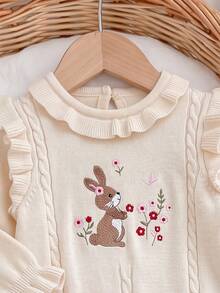 SHEIN Baby Girl Floral Rabbit Pattern Casual Daily Knit Jumpsuit - Khaki - View 4