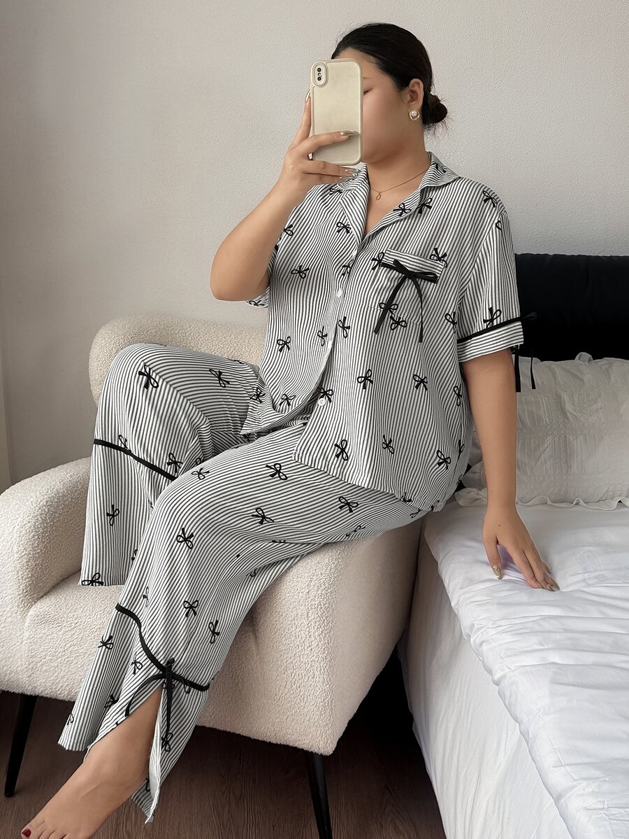 Napfluff CURVE Napfluff CURVE Grey Striped Bow Print Contrast Color Bow Decor Plus Size Women's Open Front Lapel Short Sleeve Long Pants Casual Pajama Set - Black and White - View 1