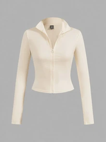 SHEIN EZwear 3件裝休閒極簡風棕色卡其米色針織拉鍊長袖女款T恤，適合秋冬穿著 - 彩色 - 查看 14