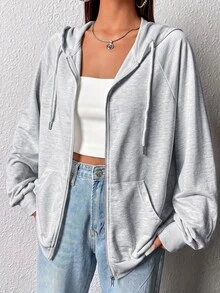SHEIN EZwear 大尺碼休閒淺灰色連帽衛衣，秋冬款 - 淺灰色 - 查看 1