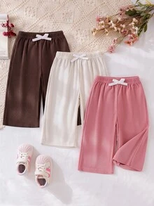 SHEIN Vintaside Kids 3件組 幼兒長褲 粉色、棕色、黑色，適合秋冬日常穿著，舒適套裝，蝴蝶結鬆緊腰帶，純色燈芯絨面料，多色高 CP 值 - 彩色 - 查看 1