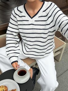 Dazy Plus Korean Style Colorblock Striped Loose Long Sleeve V-Neck Casual Streetwear Vacation Spring Autumn Pullover Knit Sweater - Black and White - View 1