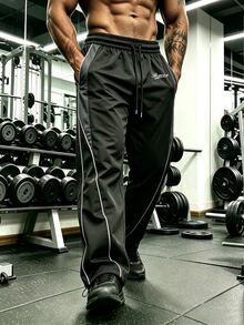 GymBeat Men's Letter Print Drawstring Waist Pocket Sports Long Pants - Black - View 8