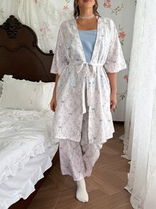 CottageSlumber طقم بيجامة 3 قطع بمقاس كبير بنقشة زهور صغيرة منعشة، رداء طويل بتصميم بسيط + طقم ملابس منزلية كاميسول مريح - الأزرق - مشاهدة 6