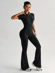 Dewbera Dewbera Women's Patchwork Striped Zipper Half-Placket Short Sleeve Sport Flare Leg Jumpsuit - Black - View 6