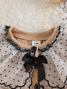 SHEIN 2件組幼女開襟衫褲套裝 優雅甜美米色波點蕾絲蝴蝶結羅紋長袖圓領 生日派對秋季波浪邊 - 卡其色 - 查看 5