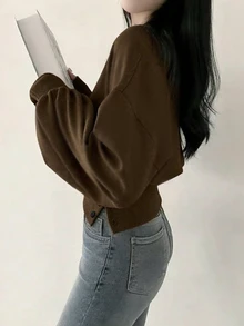 INAWLY Women's Solid Color Casual Versatile Daily Wear Long Sleeve Sweatshirt - Rust Brown - View 2
