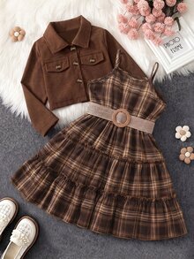 SHEIN Vintaside Kids 幼女純色燈芯絨夾克與格紋細肩帶洋裝 2 件套裝，可愛復古秋季休閒派對與日常上學穿著，適合家庭拍照 - 棕色 - 查看 5