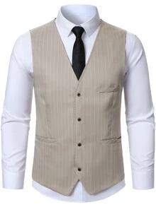 Manfinity Mode Men's Fashion Striped Suit Set With Vest And Pants - Khaki - View 4
