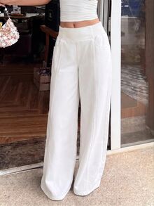 Sunnyshic Plus Size Women's Pocket Wide Leg Loose Casual Versatile Denim Jeans - White - View 4