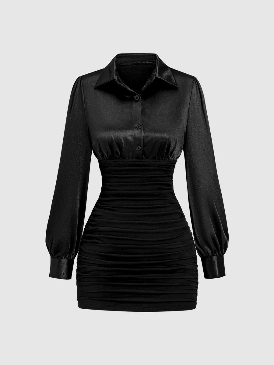 Sweetra Women's Black Satin Lapel Button-Up Patchwork Design Ruched Slim Fit Flattering Autumn/Winter European & American Sexy Hot Girl Style Minimalist High-End Elegant Commute Short Dress - Black - View 1