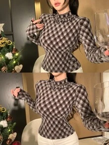 DAZY Women's Plaid Stand Collar Long Sleeve Patchwork Ruffle Fashion Blouse - Brown - View 10