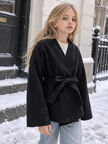 SHEIN 少女黑色V領繫帶中長款厚羊毛披風大衣（法式風），百搭單品，適合休閒街頭穿搭與各種場合，開學季、萬聖節、聖誕節必備，秋冬必穿造型 - 米色 - 查看 4