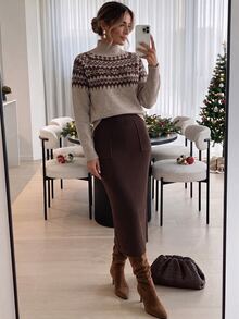 Louniche Women's Fair Isle Stand Collar Long Sleeve Sweater And Knitted Skirt Elegant 2 Pieces Set - Chocolate Brown - View 5