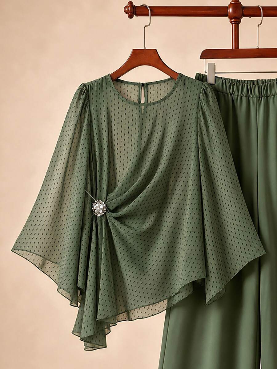 Linhara Plus Size Women's Army Green Printed Chiffon Round Neck Long Sleeve Ruched Rhinestone Button Decor Asymmetrical Hem Top And Long Wide Leg Pants 2 Pieces Set, Suitable For Daily Commute, Date, Vacation, Light Luxury Loose Drape Comfortable Plus Size Women's Clothing - Army Green - View 1
