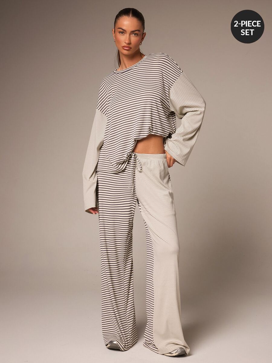 Athîral Women's Loose Fit Brown Striped Pajama Set,Fine Knit,Round Neck Long Sleeve Top,Wide Leg Pants,Autumn,Modern Minimalist,Lounge Home,Women's Set - Grey - View 1