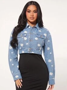 SHEIN SXY 女款雛菊圖案單排扣長袖休閒牛仔夾克 - 淺色水洗藍 - 查看 3