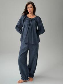 Livesso Women's Bow Decor Raglan Long Sleeve Top And Pants Pajama Set - Navy Blue - View 7