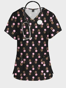 PopScrub Women's All-Over Print Casual Daily Scrub Uniform Top - Multicolor - View 1