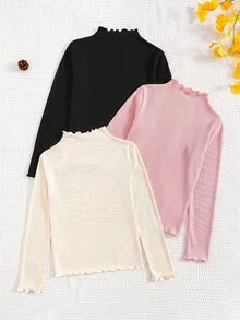 Tween Girl 3pcs Casual All-Match Versatile Solid Color Ribbed Lettuce Trim Mock Neck Tee - Multicolor - View 2
